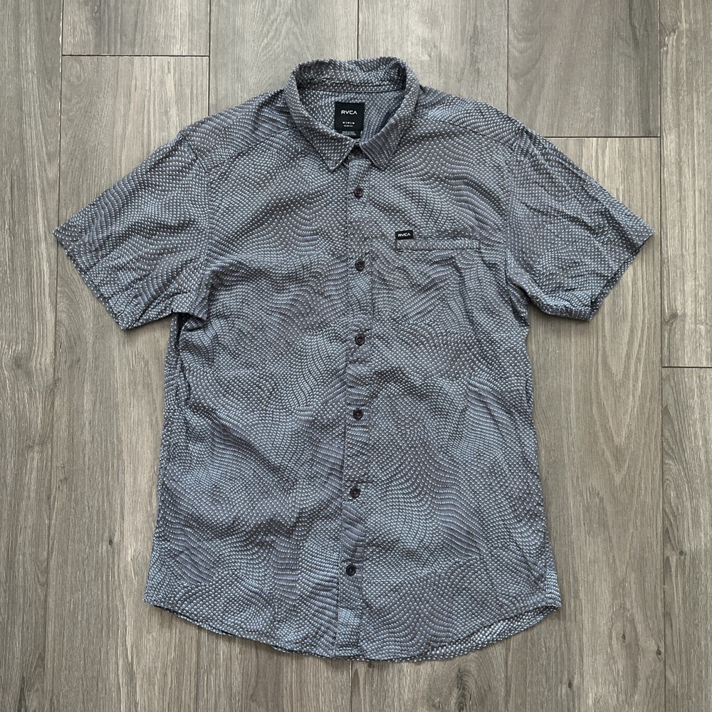 RVCA Mens M Button Up Short Sleeve Gay Blue Drop All Over